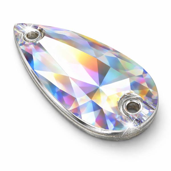 Schlanker LUXORIA® HQ Tropfen 18x10,5mm Crystal AB zum Aufnähen – elegante Pear-Shape Form für fließende Linien