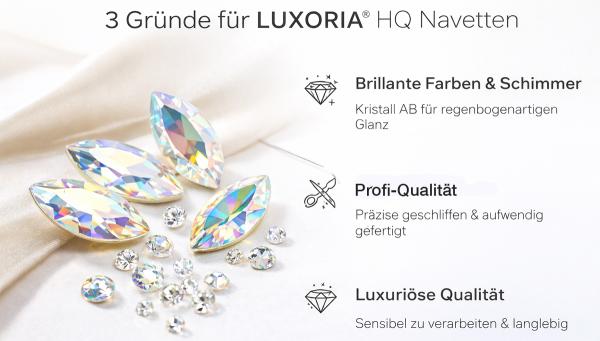 Infografik: Vorteile der LUXORIA HQ Navette Aufnähsteine in Crystal AB für den Tanzsport